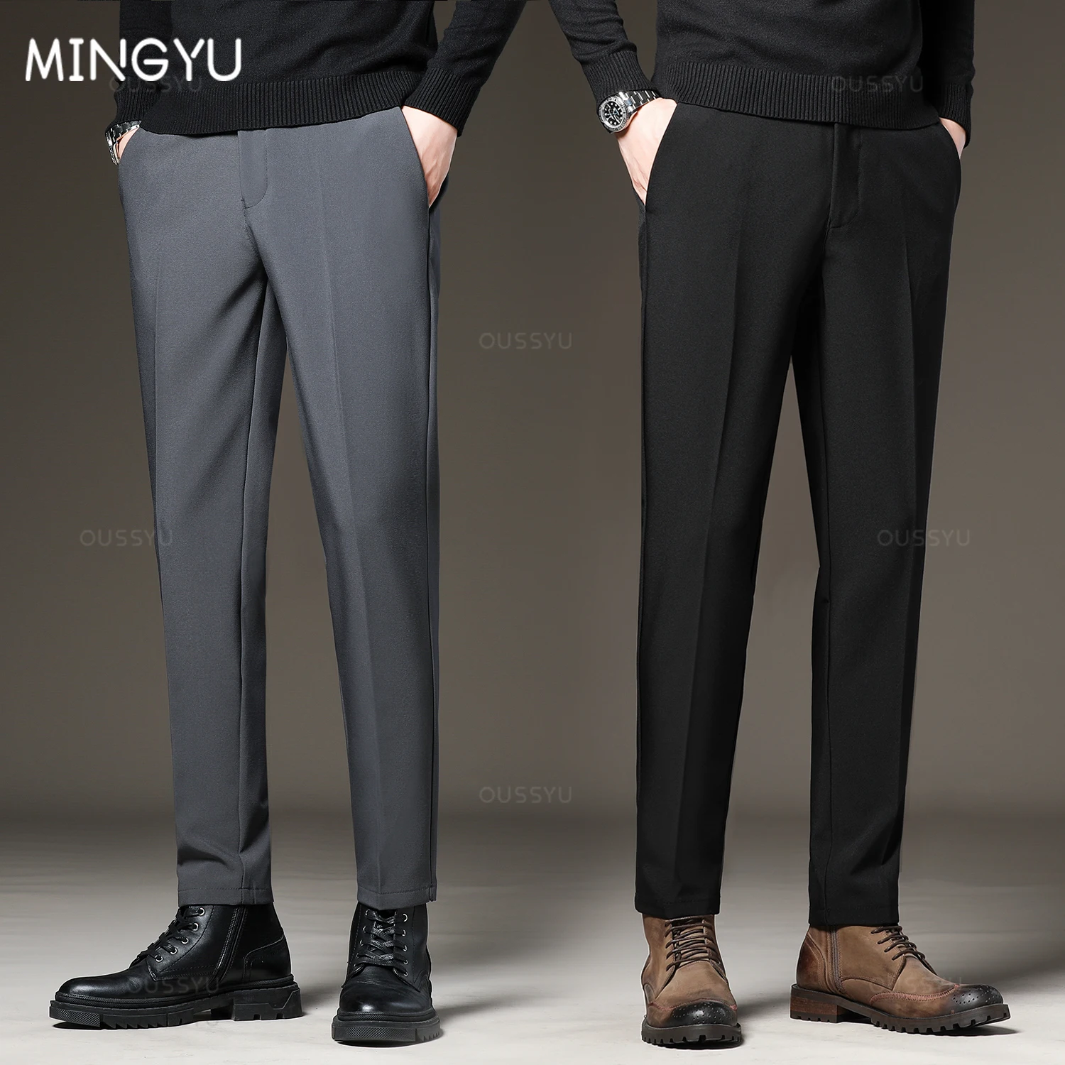 S9d8c6a5c984e42319e10948568cb88dcI.webp New Men‘s Suit Pants Slim Business Office Elastic Waist Black Grey Classic Pant Korean Trousers Male Plus Size 27-38 40 42 - Image 1