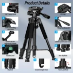 Tripod for Camera, Camera Tripod 60" Heavy Duty Tripod, Phone Tripod for Video Recording Photo Vlog, Iron Camera Tripods - Image 2