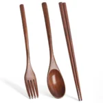 3 Pieces Tableware Natural Wood Dinnerware Spoon Chopsticks Fork Dinner Portable Tableware Grain Household Kitchen Cutlery Set - Image 9
