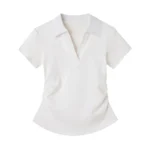 Polo Lapel Front Shoulder Short-sleeved T-shirt for Women 2025 Summer Design Pure Slim Fit Slim and Pleated Waist - Image 10