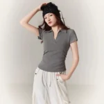 Polo Lapel Front Shoulder Short-sleeved T-shirt for Women 2025 Summer Design Pure Slim Fit Slim and Pleated Waist
