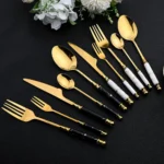 16Pcs Tableware Set Cutlery Set Mirror Ceramic Handle Gold Flatware Fork Spoon Knife Set Stainless Steel Dinnerware Dinner Set - Image 3