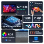 Ninkear T40 Laptop Touchscreen 2 in 1 Tablet Intel N100 14 Inch Fhd 16Gb Ddr5+512Gb Ssd Wifi 6 Rgb Backlit Keyboard with Stylus - Image 3