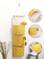 1PC Three Pockets Hanging Wall Storage Bag Household Bedroom Living Room Kitchen Cotton Linen Storage Bag - Image 13