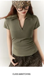 Polo Lapel Front Shoulder Short-sleeved T-shirt for Women 2025 Summer Design Pure Slim Fit Slim and Pleated Waist - Image 17
