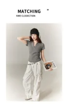 Polo Lapel Front Shoulder Short-sleeved T-shirt for Women 2025 Summer Design Pure Slim Fit Slim and Pleated Waist - Image 21