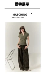 Polo Lapel Front Shoulder Short-sleeved T-shirt for Women 2025 Summer Design Pure Slim Fit Slim and Pleated Waist - Image 16