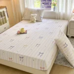 Striped Bow Bed Sheets Set Fitted Sheet Non Slip Bedspread With Elastic Band Mattress Cover (With Pillowcases) Double Bed Sheet