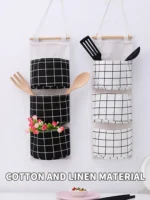 1PC Three Pockets Hanging Wall Storage Bag Household Bedroom Living Room Kitchen Cotton Linen Storage Bag - Image 11