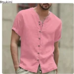 Summer Men's Short-sleeved Shirts Fashion New Casual Cotton Linen Shirt Breathable Stang Collar Button-up Tops T-shirts for Men - Image 3