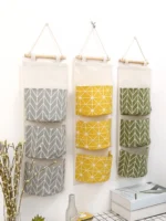 1PC Three Pockets Hanging Wall Storage Bag Household Bedroom Living Room Kitchen Cotton Linen Storage Bag - Image 12