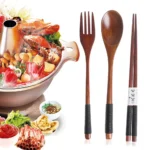 Spoon Fork Chopsticks Portable Tableware Wooden Cutlery Sets Travel Dinnerware Suit Environmental with Cloth Pack Gift - Image 4