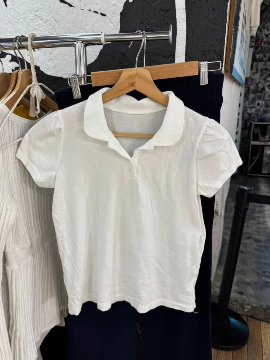 Sca44b3a2e935400b8c66f7f9b8c74cecS.webp Polo White Cotton T-shirt Women Summer New Strweetwear Turn Down Collar Short Sleeve Tees Sweet Preppy Style Cute T Shirt Y2K - Image 1