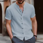 Summer Men's Short-sleeved Shirts Fashion New Casual Cotton Linen Shirt Breathable Stang Collar Button-up Tops T-shirts for Men - Image 4