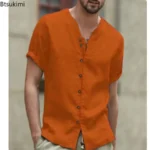 Summer Men's Short-sleeved Shirts Fashion New Casual Cotton Linen Shirt Breathable Stang Collar Button-up Tops T-shirts for Men - Image 6