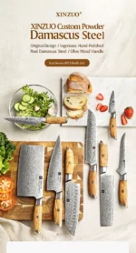 XINZUO 1-8pcs Kitchen Knife Set 73 Layers Custom Damascus Steel 15°±1 Per Side Steel Blade with Olive Wood Handle - Image 18