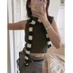 Y2k Black Grey Stripe Long Scarves Women Harajuku Cotton Scarves Black And White Striped Scarf  Thin Long Decorative Neckerchief - Image 2