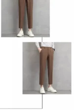 Men's Beige Slim-Fit Cropped Pants Pleated Detail Formal Casual Trousers - Image 17