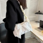 Lovely Bow Handbags for Girls Ladies Fashion Pleated Shoulder Bags for Women Simple Design Female Underarm Bag Casual Tote Purse - Image 2