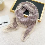 Triangle Rhombus Cotton Scarves Women Girls Headscarf Lace Edge Neckerchief Square Plaid Bandana Headband Scarf Neck Accessories - Image 7