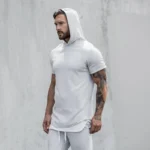 New Gym Fitness Bodybuilding Sport Hoodie Mens Slim Fit Solid Color Hooded T-Shirt Cotton Breathable Short Sleeve Muscle Shirt