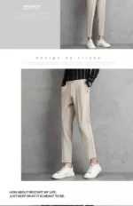 Men's Beige Slim-Fit Cropped Pants Pleated Detail Formal Casual Trousers - Image 21