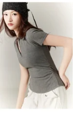 Polo Lapel Front Shoulder Short-sleeved T-shirt for Women 2025 Summer Design Pure Slim Fit Slim and Pleated Waist - Image 22
