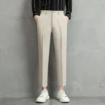 Men's Beige Slim-Fit Cropped Pants Pleated Detail Formal Casual Trousers