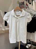 Polo White Cotton T-shirt Women Summer New Strweetwear  Turn Down Collar Short Sleeve Tees Sweet Preppy Style Cute T Shirt Y2K - Image 2