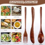 Wooden Cutlery Set For Dinner, Kitchen Flatware Tableware Utensil Set Includes Spoon, Fork, Knife - Image 5