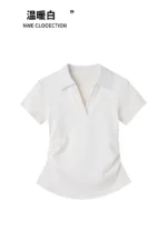 Polo Lapel Front Shoulder Short-sleeved T-shirt for Women 2025 Summer Design Pure Slim Fit Slim and Pleated Waist - Image 29