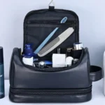 Large Hanging Toiletry Cosmetic Travel Bags for Men Women Leather Travel Bags with Hanging Hook Toiletries Bathroom Shaving Bags