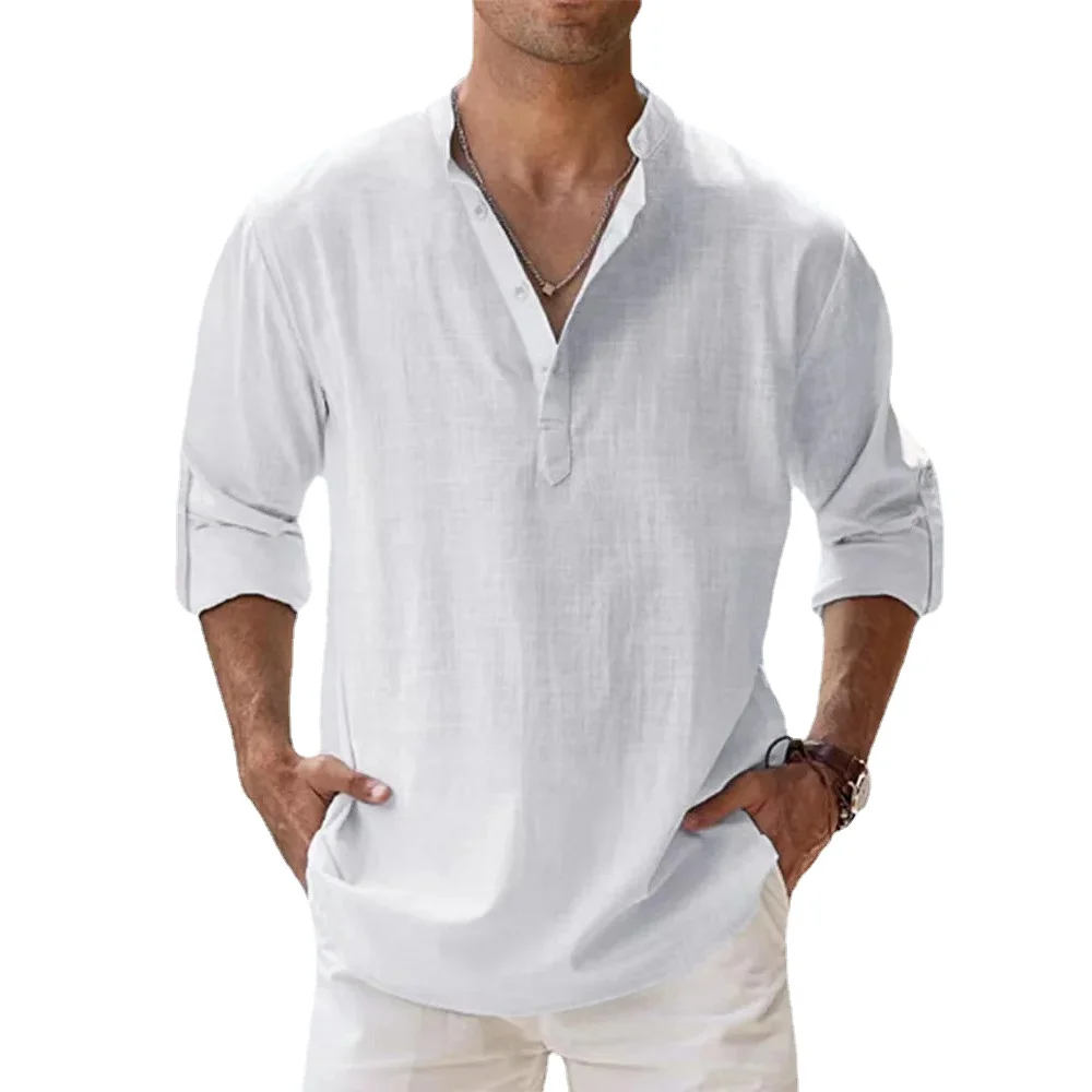 Sfe5bccde4f6f4a1795b544388b5f5579m.webp New Cotton Linen Shirts for Men Casual Shirts Lightweight Long Sleeve Henley Beach Shirts Hawaiian T Shirts for Men Streetwear - Image 1