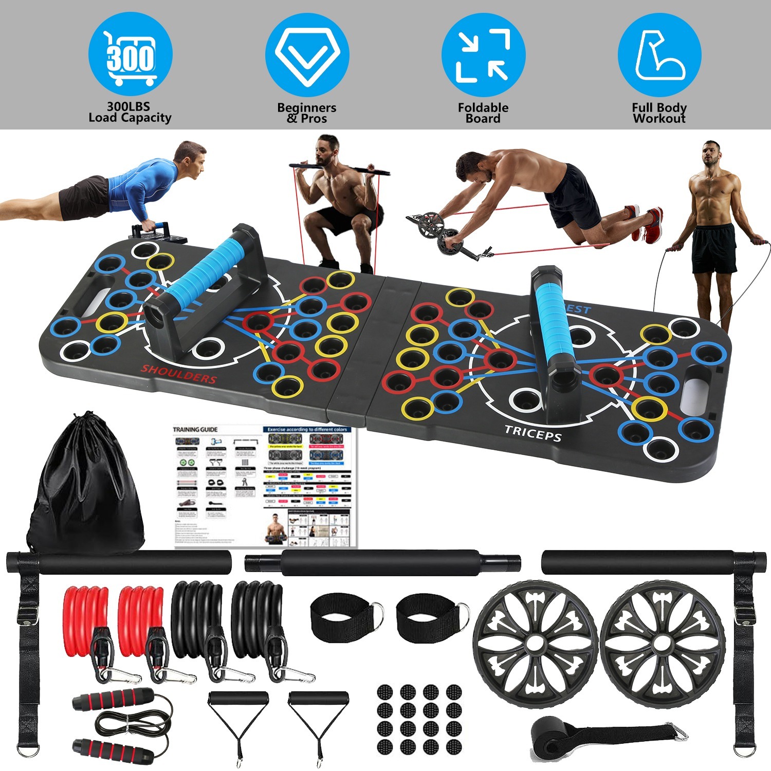 b9064e52-2cb6-4c22-953b-515dfc2293da.jpg Multifunctional Push Up Board Home Strength Training Equipment With 15 Fitness Accessories Pilates Bar Resistance Band Roller Wheel Full Body Workout Home Gym Equipment - Image 1