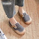 Veowalk Women Striped Linen Cotton Fabric Loafers Comfortable Slip On Sneakers Ladies Casual Flats Shoes Handmade Espadrilles