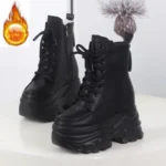 12CM Autumn Platform Ankle Boots Women Chunky Shoes Lace-up Tennis Sneakers Woman Leather Boots Walking shoes