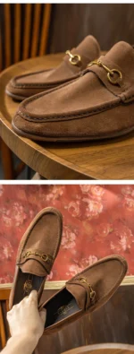 British Style Men‘s Suede Genuine Leather Loafers Dress Shoes Metal Decorated Slip On Comfortable Leather Moccasins Shoes - Image 11