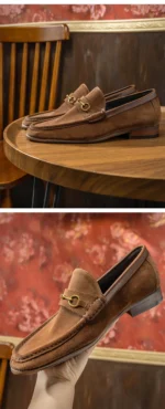 British Style Men‘s Suede Genuine Leather Loafers Dress Shoes Metal Decorated Slip On Comfortable Leather Moccasins Shoes - Image 8