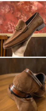 British Style Men‘s Suede Genuine Leather Loafers Dress Shoes Metal Decorated Slip On Comfortable Leather Moccasins Shoes - Image 9