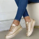 Women's Sneakers 2023 New Fashion Chain Leather Comfortable Round Toe Platform Sneakers Lace-up Walking Women's Vulcanized Shoes - Image 4