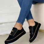 Women's Sneakers 2023 New Fashion Chain Leather Comfortable Round Toe Platform Sneakers Lace-up Walking Women's Vulcanized Shoes - Image 3