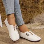 Women's Slip-On Soft Leather Loafers, Elastic Strap with Metal Buttons, Casual Flat Shoes for All Seasons